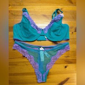 Victoria’s Secret Tease Unlined Demi Bra Teal Mesh w/ Lace Trim LG Thong set NWT